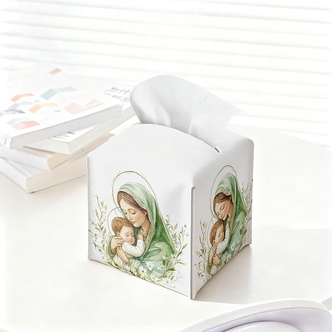 Holy Infant & Virgin Mary Square Tissue Box Cover, PU Leather Drawstring Bottom - Image 4