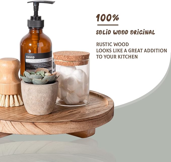 Round Decorative Tray Wood Bathroom Counter Organizer Farmhouse Kitchen Decor - Image 4