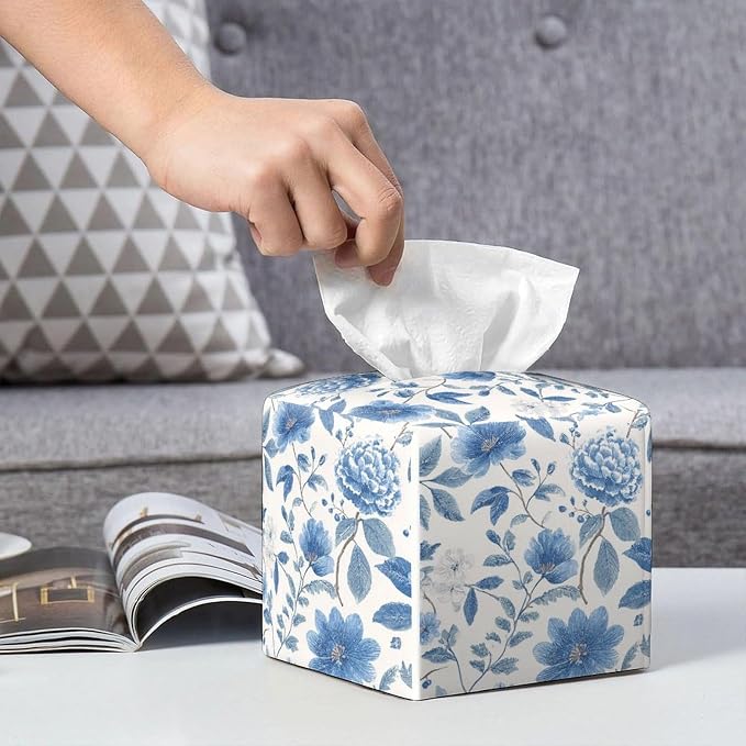 Floral Tissue Box Cover Blue Leather Tissue Box Holder Square Facial Paper - Image 7