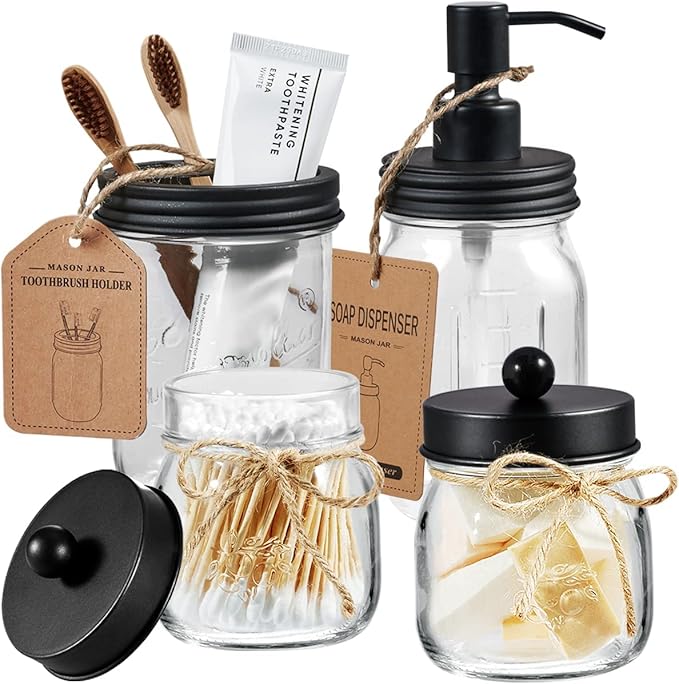 Amolliar Mason Jar Bathroom Accessories Set 4 Pcs -Lotion Soap Dispenser & 2 by Amolliar