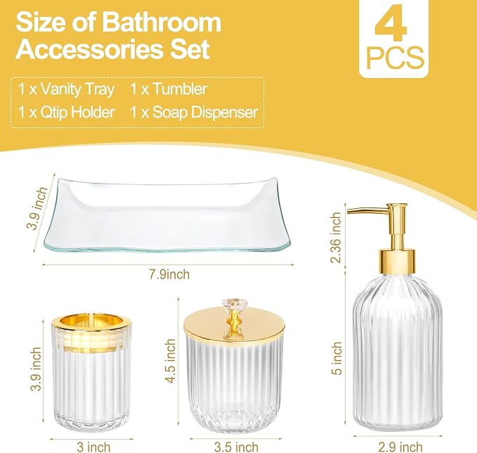 Gold Bathroom Accessories 4Pcs of Glass Bathroom Counter Organizer Set - Image 5