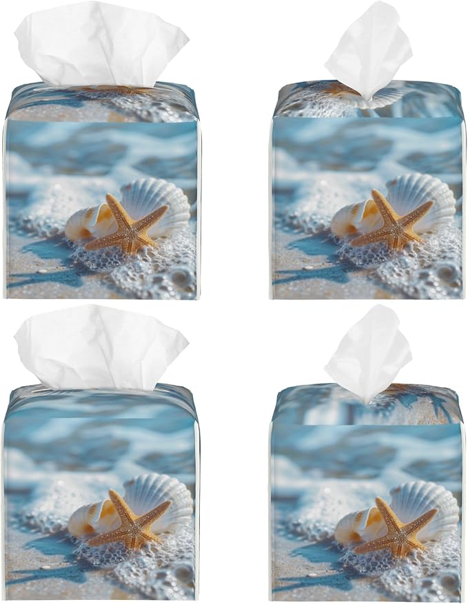 Shells Starfish on Beach Tissue Box Cover Square, Summer Ocean Shells Starfish - Image 2