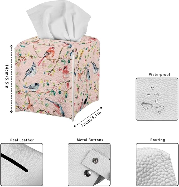 Bird Flowers Tissue Box Holder, PU Leather Square Napkin Cover - Image 7