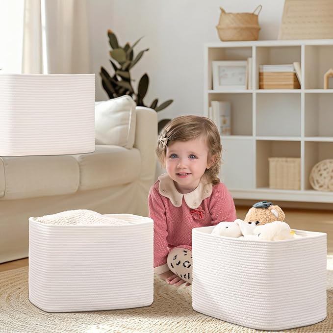 3 Pack Cube Storage Bin, 17”x12”x12” Cotton Rope Woven Baskets - Image 2