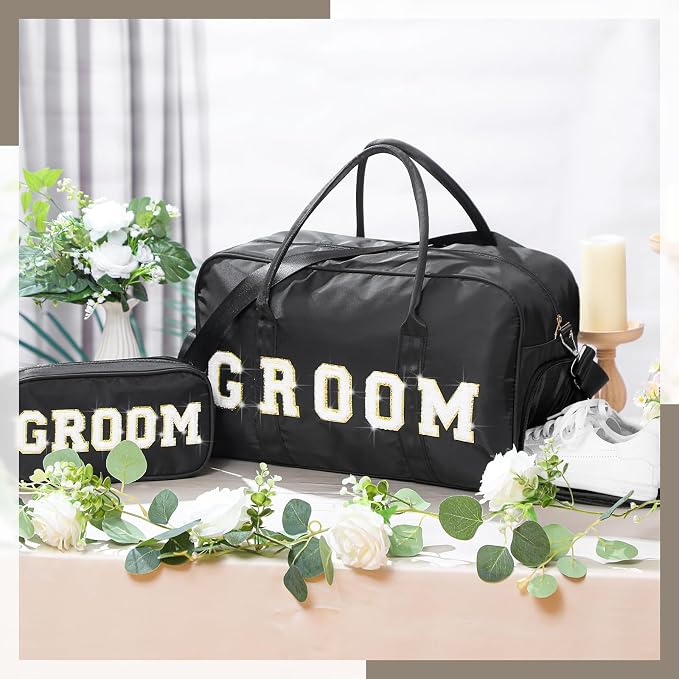 2 Pcs Wedding Weekender Bag Bride Groom Duffle Bag Chenille Letter Patch Travel - Image 6