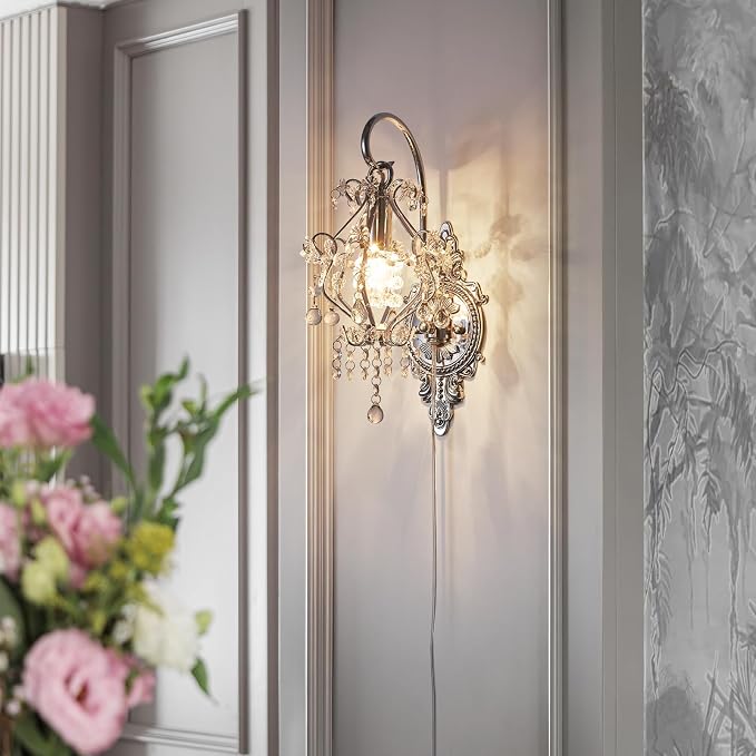 Silver Crystal Vintage Plug in Wall Sconces Set of 2 Indoor Wall Light Fixture - Image 2