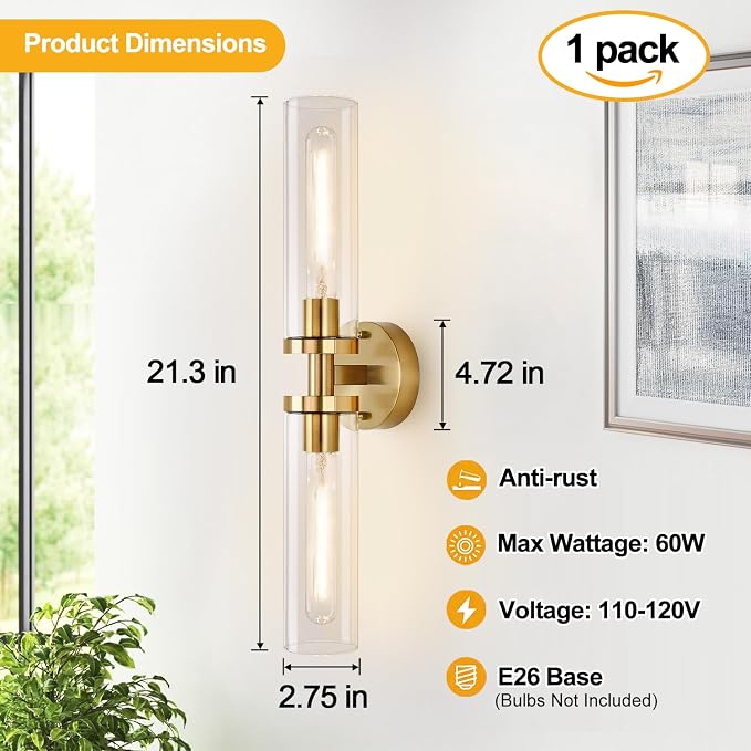 Brushed Gold Wall Sconces, Hardwired Bathroom Sconces Wall Lighting - Image 4