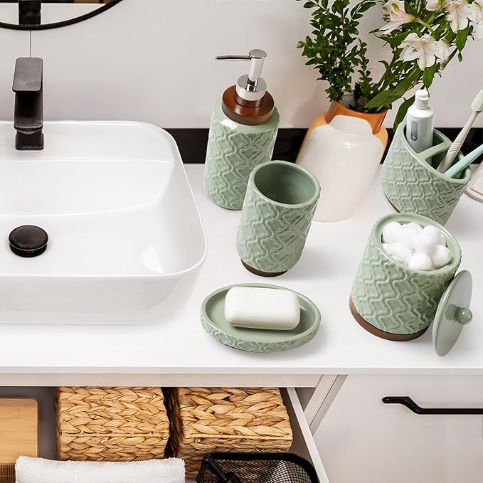 Elegant Bathroom Accessories Set 5 PCS Ceramic and Wood Bathroom Accessory Set - Image 4