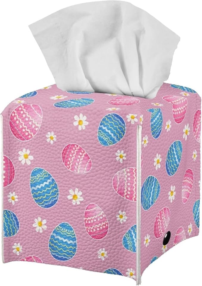 Pink Eggs Flower Tissue Box Case PU Leather Square Modern Asthetic Tissue Box - Image 2