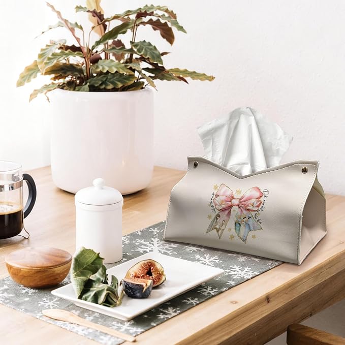 Pink Bows Tissue Box Cover Rectangle, Snowflake Winter Holiday Decor Tissue Box - Image 3