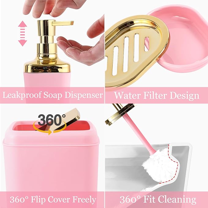 Pink Bathroom Accessories Set, Soap Dispenser, Soap Dish, Toothbrush Holder and - Image 4