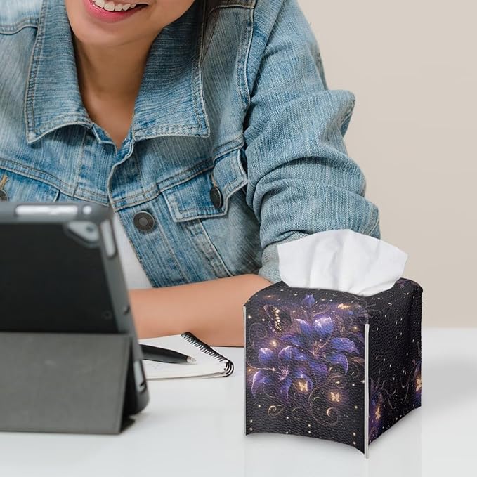 Purple Flower Tissue Box Holder Stylish Leather Square Tissue Box Cover - Image 6