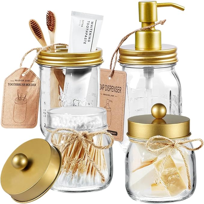 Amolliar Mason Jar Bathroom Accessories Set -Lotion Soap Dispenser & 2 Cotton by Amolliar