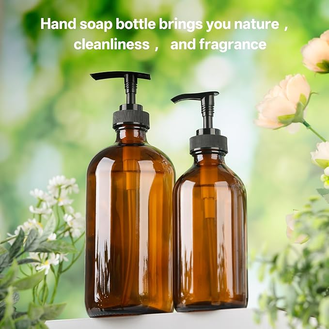 Vitreaux 16oz Amber Glass Soap Dispenser, 2 Pack Refillable Hand Soap Dispenser - Image 5