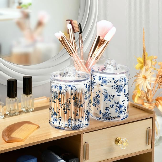 Kigai Cotton Swabs Organizer Blue Wildflowers Qtip Holder Dispenser - Image 6