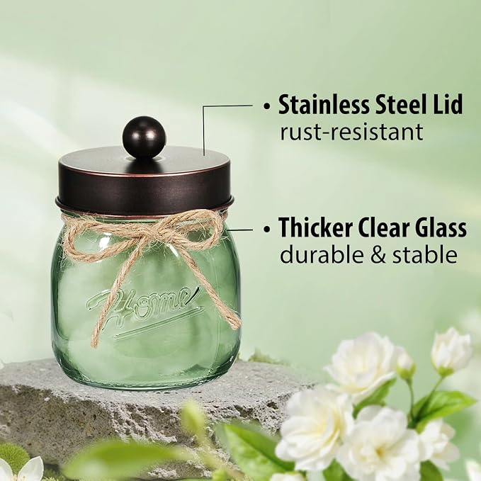 SheeChung Green Glass Qtip Holder Dispenser, Mason Jar Apothecary Jars - Image 6