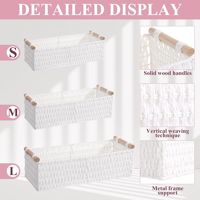 Boao 3 Pcs Boho Storage Wicker Baskets Handmade Woven Decorative Paper Rope - Image 3