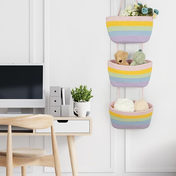 TeoKJ Over the Door Organizer, 3-Tier Woven Cotton Hanging Storage Baskets - Image 7