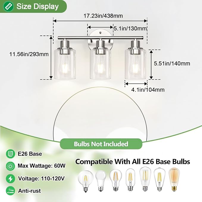 3-Light Bathroom Light Fixtures, Brushed Nickel Vanity Light, Farmhouse Wall - Image 7