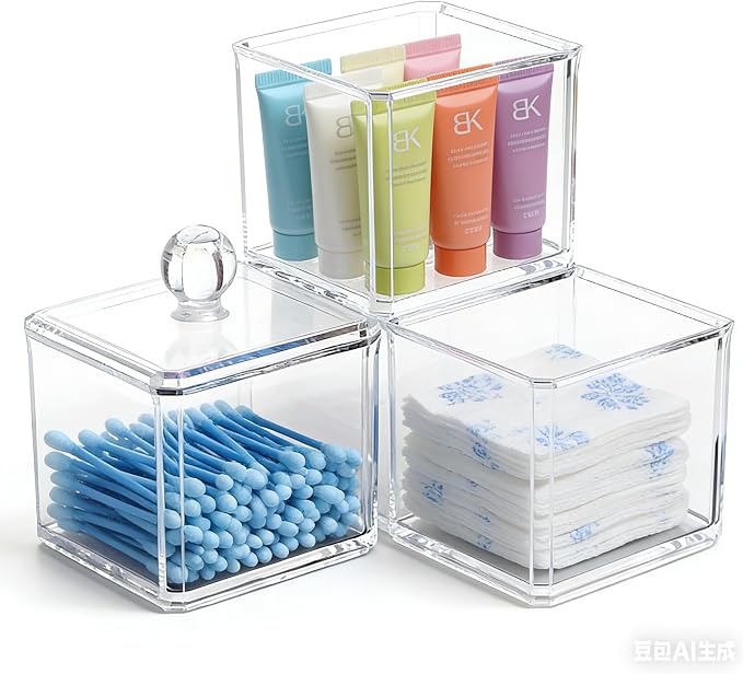 Stackable Square Acrylic Cotton Ball Holder Q-tip Holder Bathroom Swab Dispenser by Unknown