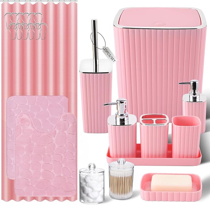 Bathroom Set with Shower Curtain and Rugs- 25PC Pink Bathroom Accessories by BetterbathroomwithXLHOME