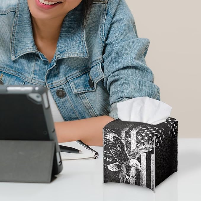 American Flag Eagle Portable Tissue Box Holder, Lightweight PU Leather Square - Image 6