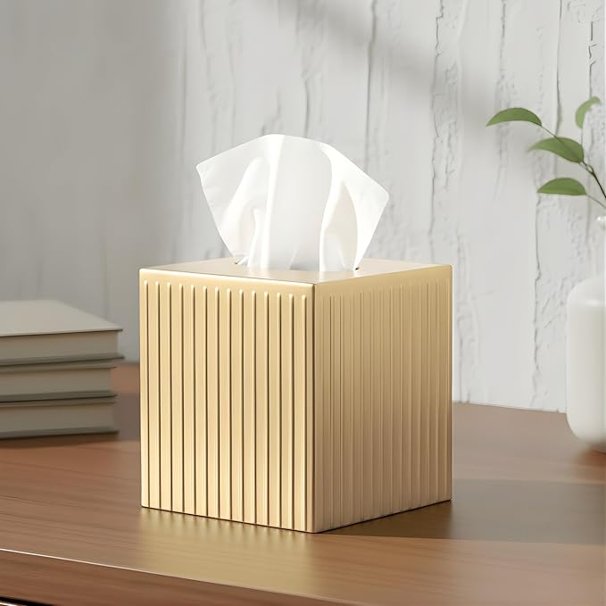 Monarch Abode Tissue Box Cover Square – Handcrafted Ridge Embossed Brushed Gold - Image 2
