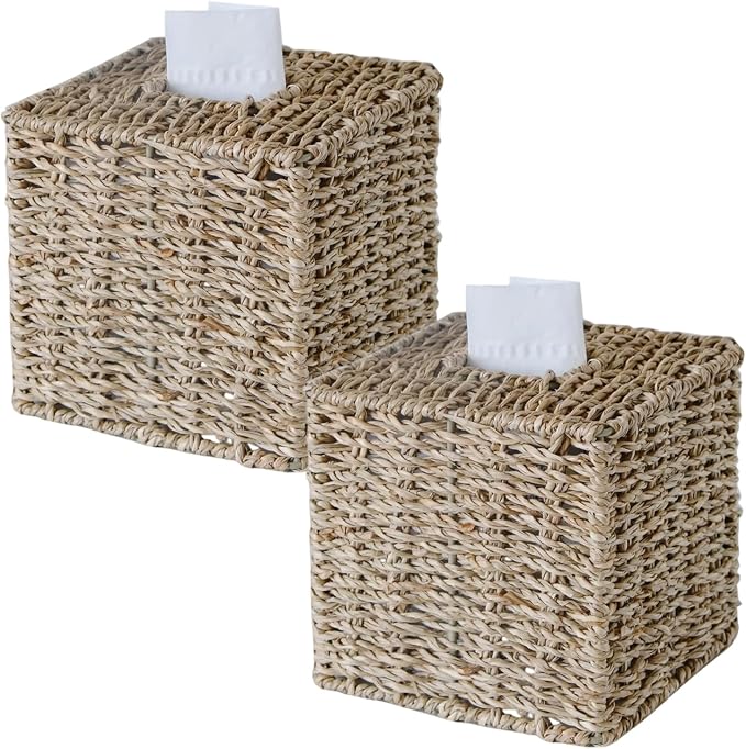2 Pack Seagrass Tissue Box Cover, Wicker Tissue Box Holder Square, Hand Woven by S310