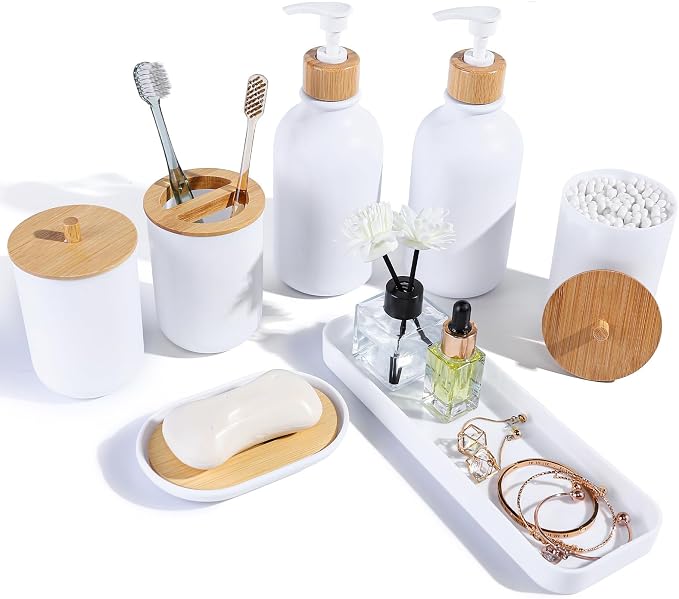 Matte White Bathroom Accessories Set 7 Pcs, Bamboo Bathroom Accessories Sets by Unknown