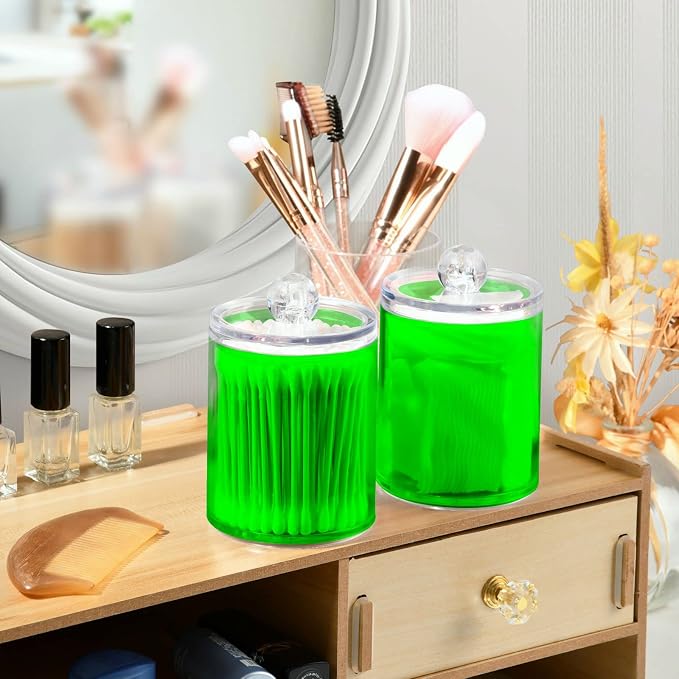 Green Qtip Holder Organizer Dispenser Cotton Swabs Cans Plastic Jars - Image 6
