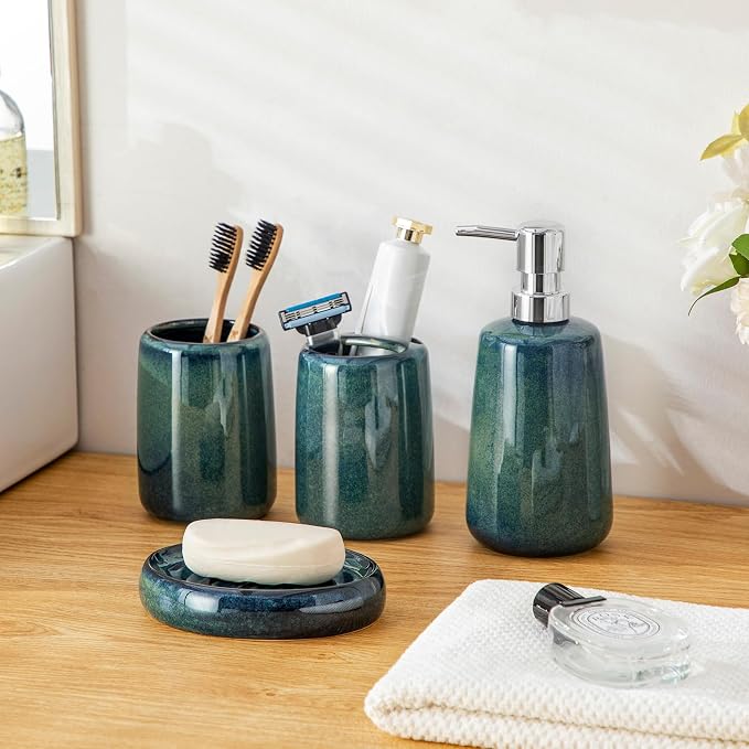 vancasso Green Bathroom Accessories Set, Ceramic Soap Dispenser and Toothbrush - Image 8