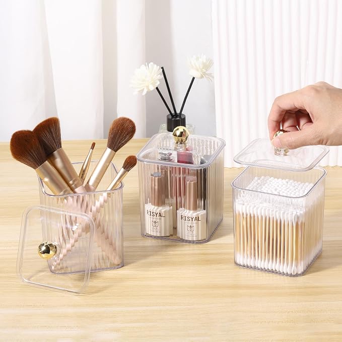 Tbestmax 3 Pack Qtip Holder Dispenser Clear Bathroom Organizer Jar Cotton - Image 4