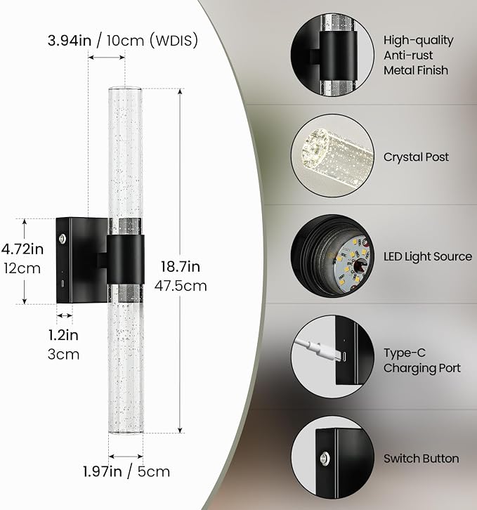 Battery Operated Wireless Wall Sconces Set of Two, Rechargeable Black Wall - Image 2