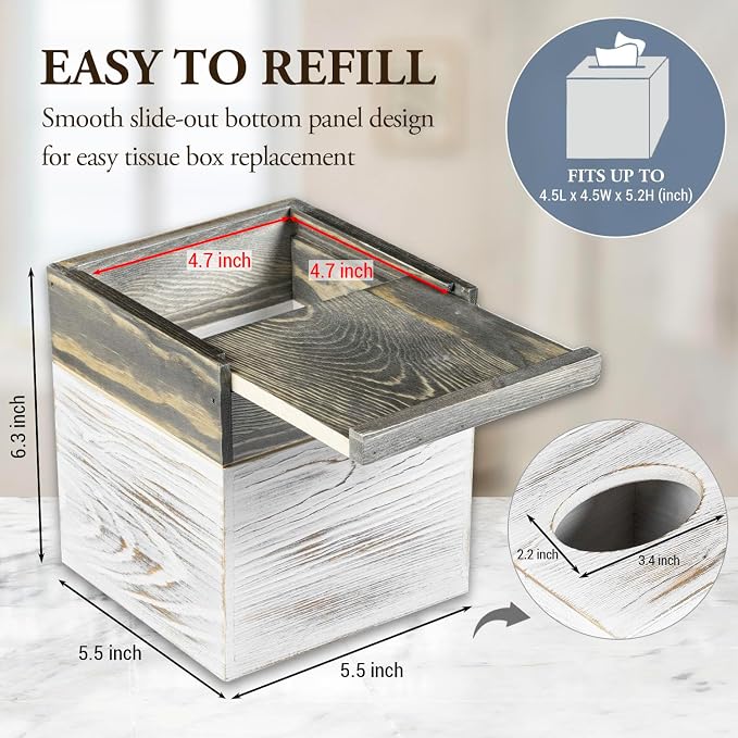 MyGift Coastal Chic Square Tissue Box Cover, Two-Tone Whitewashed Solid Wood - Image 2