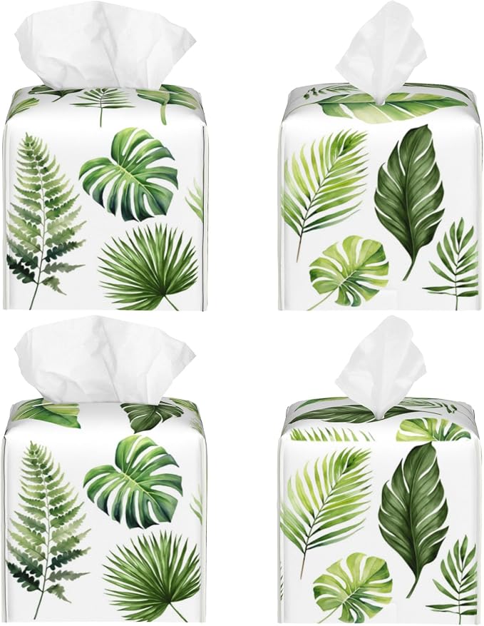 Green Tropical Leaves Tissue Box Cover Square, Watercolor Plant Palm Leaves - Image 2