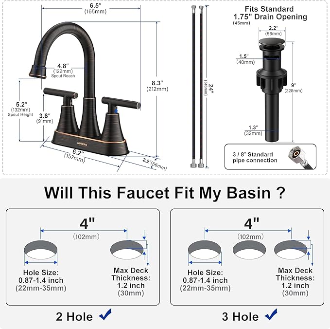 Bathroom Faucets for Sink 3 Hole, Hurran 4 inch Oil Rubbed Bronze Bathroom Sink - Image 5