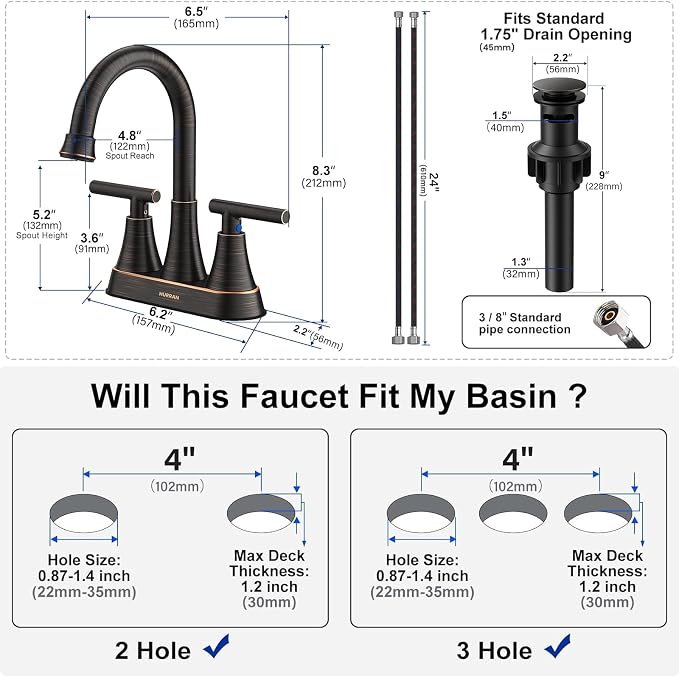 Bathroom Faucets for Sink 3 Hole, Hurran 4 inch Oil Rubbed Bronze Bathroom Sink - Image 5