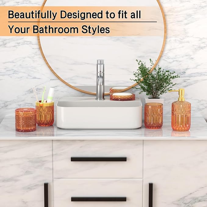 Orange Glass Bathroom Accessories Set 5 Pcs, Soap Dispenser and Toothbrush - Image 3