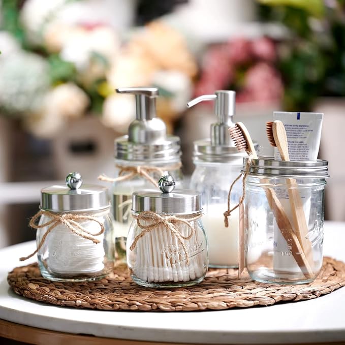 Amolliar Mason Jar Bathroom Accessories Set -Lotion Soap Dispenser & 2 Qtip - Image 7
