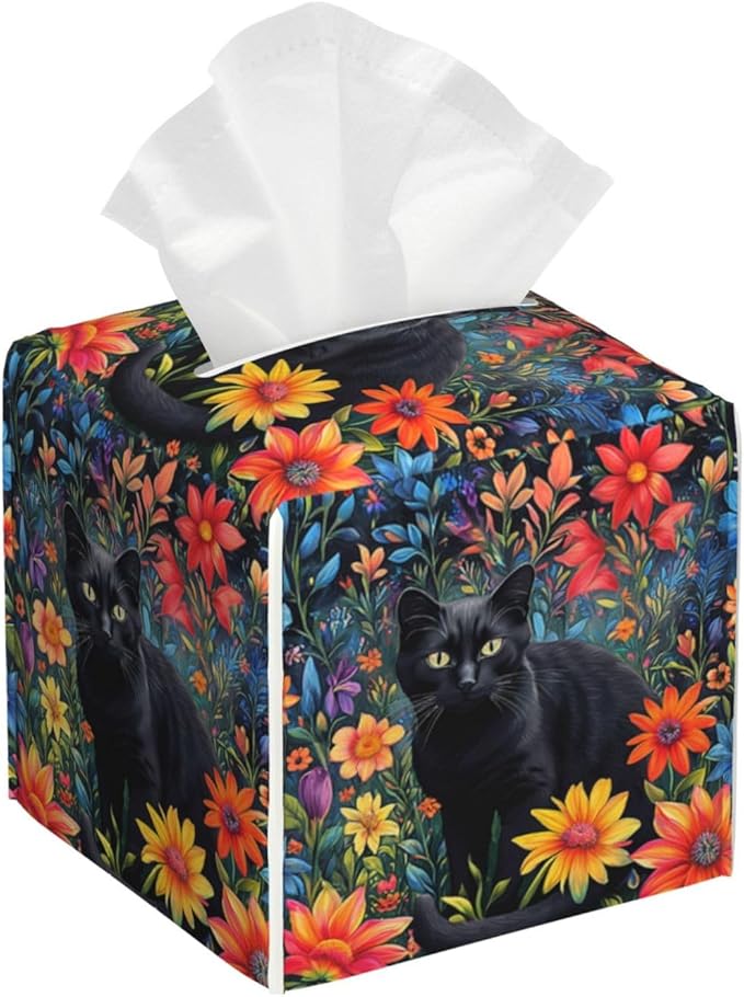 Colorful Florals Black Cat Tissue Box Cover Flower Daisy Square Leather Tissue by HOYYU