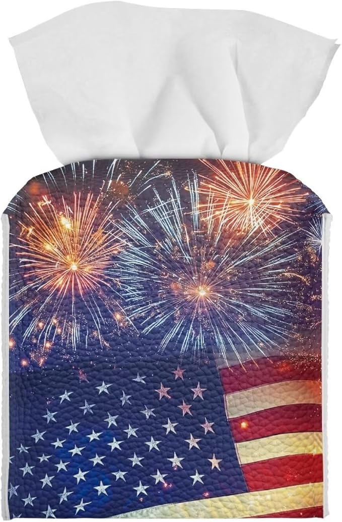 Firework American Flag Tissue Box Holder Square PU Leather Tissue Organizer Case by Pzuqiu