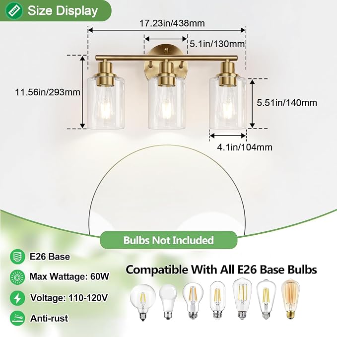 3-Light Bathroom Light Fixtures, Brushed Brass Bathroom Wall Lights - Image 8