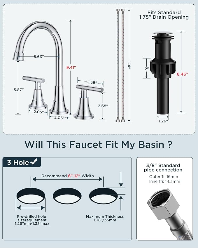 FORIOUS Chrome Bathroom Faucet Vanity 3 Holes, 8 Inch Widespread Polished - Image 7