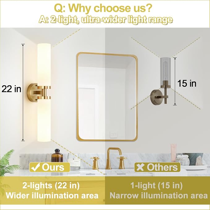 Wall Sconces Set of Two, Brushed Gold Bathroom Sconces Wall Lighting - Image 3