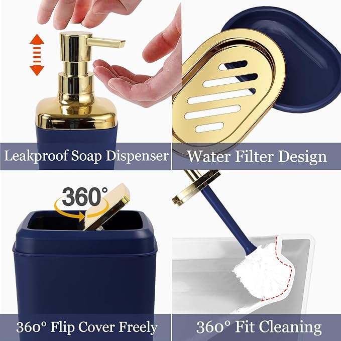 Navy Blue Bathroom Accessories Set, Soap Dispenser, Soap Dish, Toothbrush - Image 4