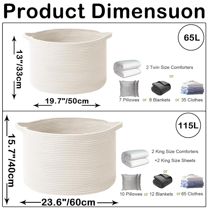 115L Large Blanket Basket, 23.6" L x 23.6" W x 15.7" H Rope Woven Baskets - Image 2