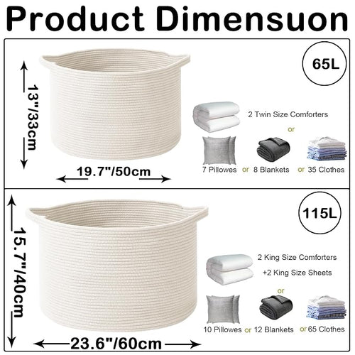 115L Large Blanket Basket, 23.6" L x 23.6" W x 15.7" H Rope Woven Baskets - Image 2