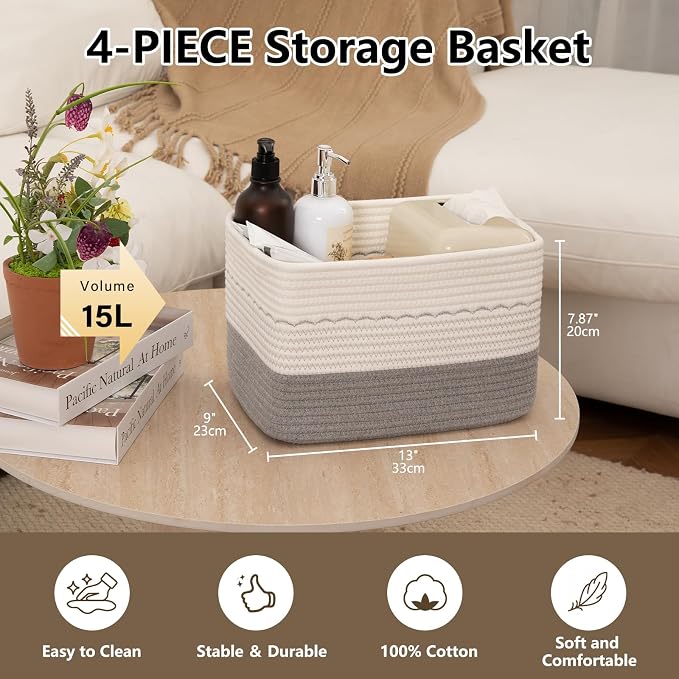 4 Pack Storage Baskets for Organizing, Decorative Cotton Rope Baskets for - Image 3