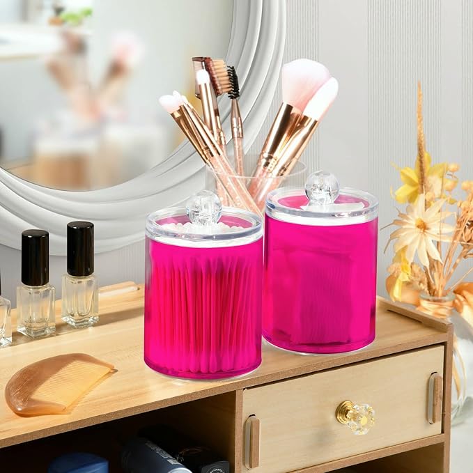 Deep Pink Qtip Holder Organizer Dispenser Cotton Swabs Cans Plastic Jars - Image 6