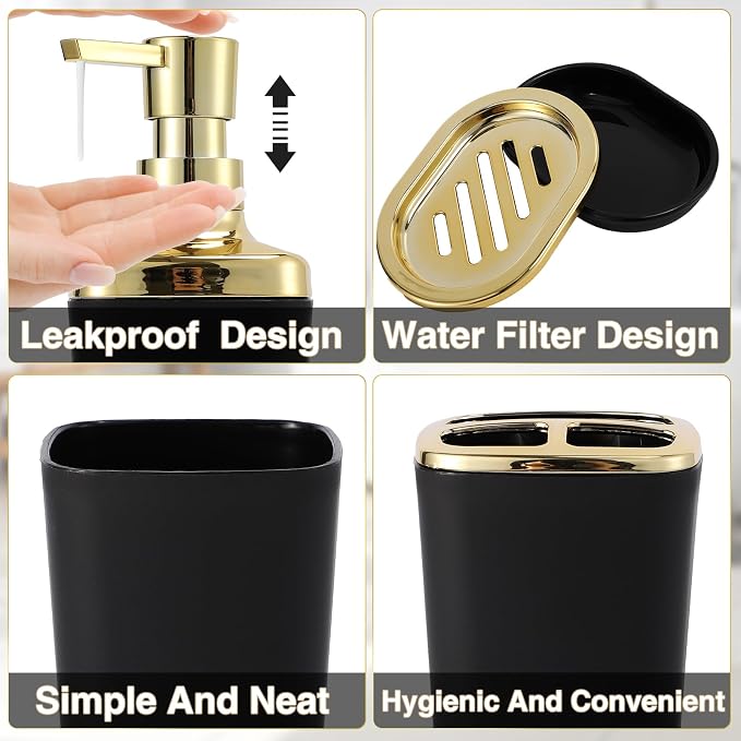 Black Bathroom Accessories 8 Piece Black and Gold Bathroom Set, Bathroom - Image 2